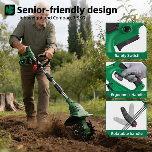 6.7 Inch Cordless Garden Tiller Cultivator Dual-Blade Design with Foldable Handle
