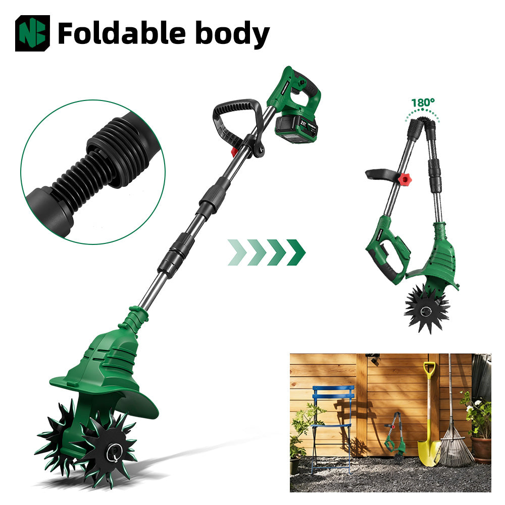 6.7 Inch Cordless Garden Tiller Cultivator Dual-Blade Design with Foldable Handle