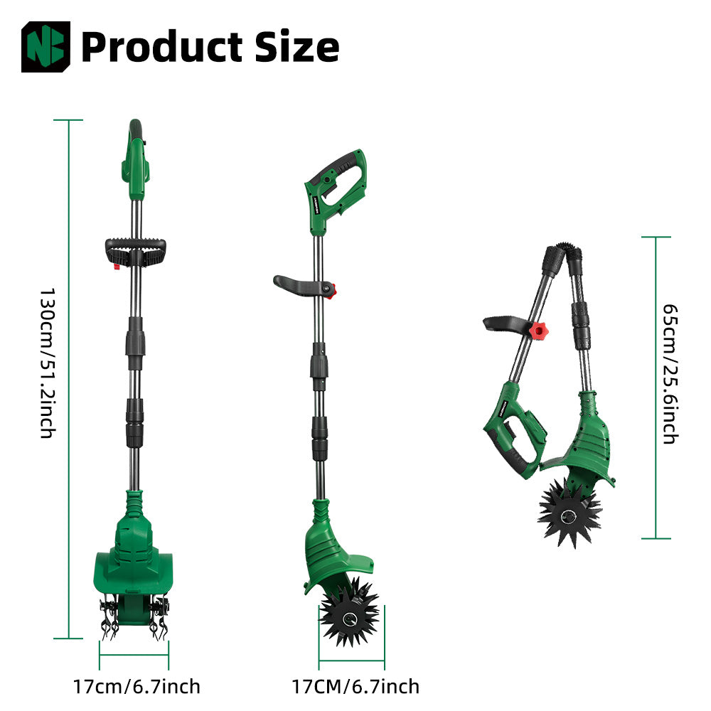 6.7 Inch Cordless Garden Tiller Cultivator Dual-Blade Design with Foldable Handle
