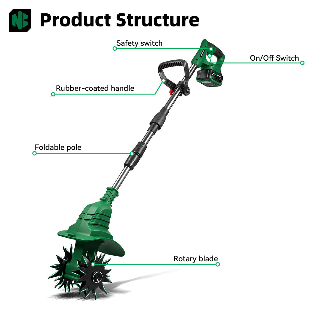 6.7 Inch Cordless Garden Tiller Cultivator Dual-Blade Design with Foldable Handle